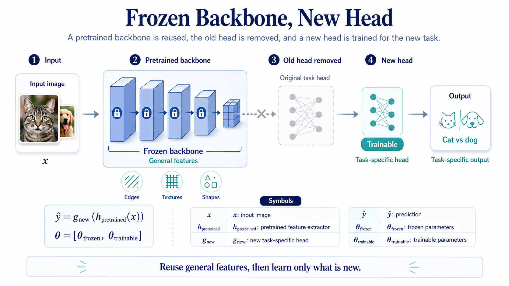 Frozen pretrained backbone with a new trainable head