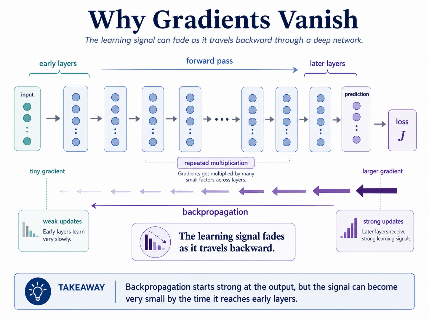 Learning signal fades backward through deep layers